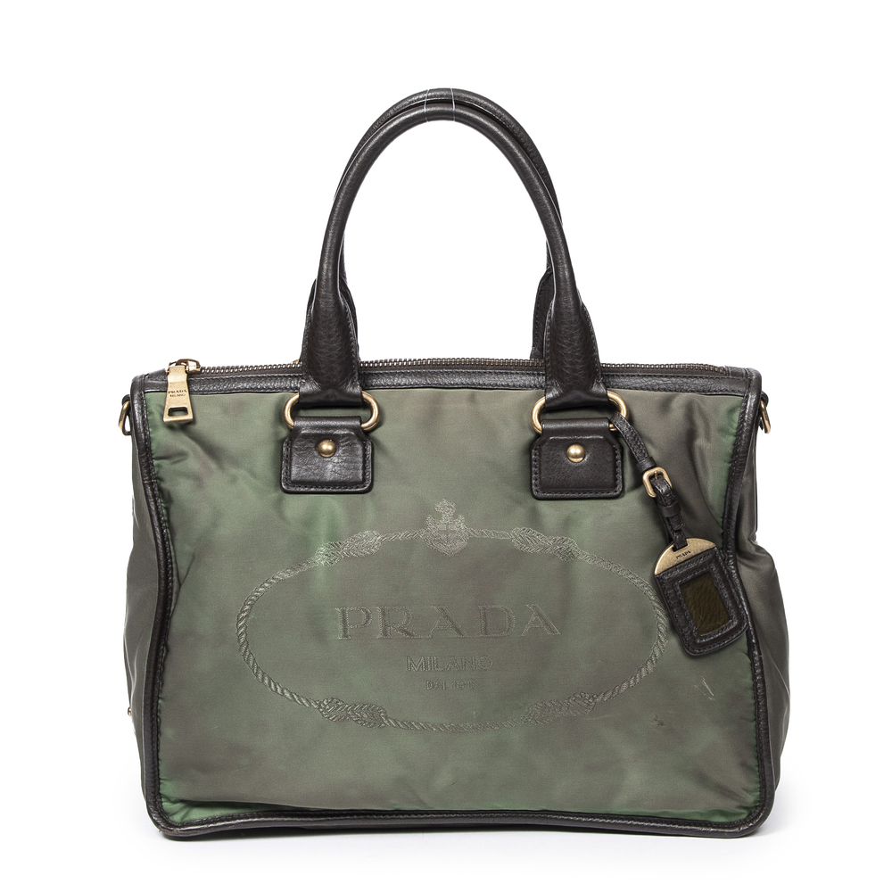 Prada Medium Square Business Bag   in Olive/Brown Jacquard Nylon Canvas